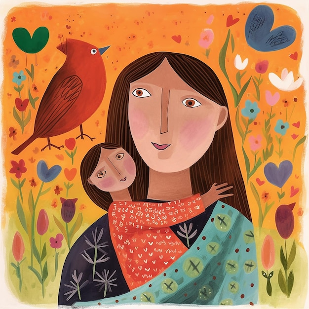 Une femme avec un bébé sur le dos et un oiseau sur son épaule.