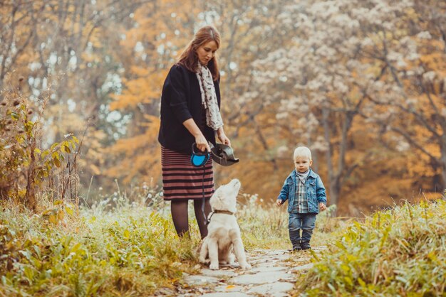 La femme avec un bébé marchant un golden retriever dans le parc d'automne