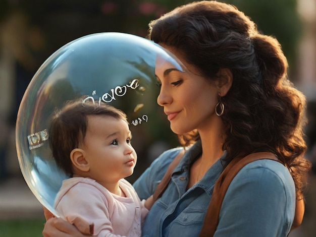 Une femme et un bébé regardent une bulle avec le mot amour dessus.