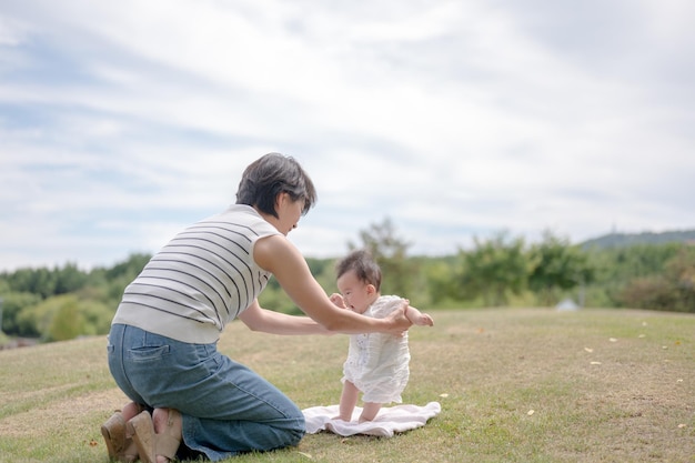 Une femme et un bébé sont assis sur une couverture dans un parc.