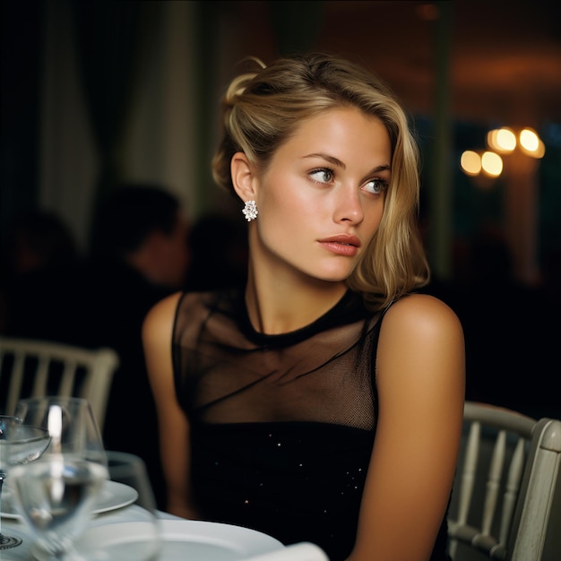 Une femme belle et blonde avec un costume noir d'été dans une fête posant généré par ia