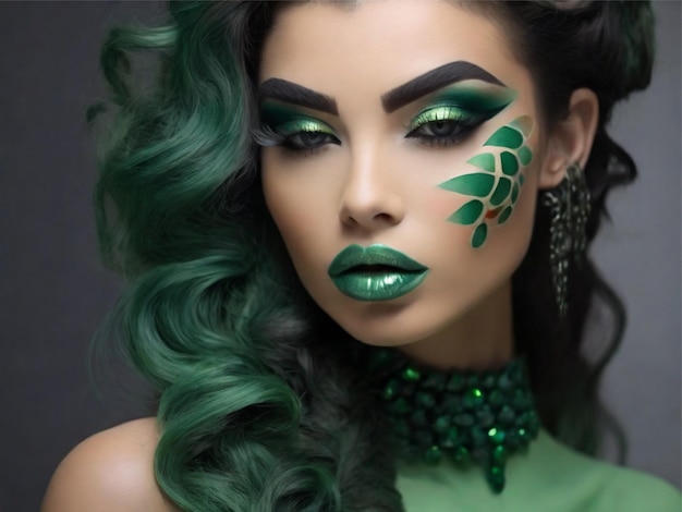 Une femme belle avec un maquillage vert et une couleur créative des ongles.