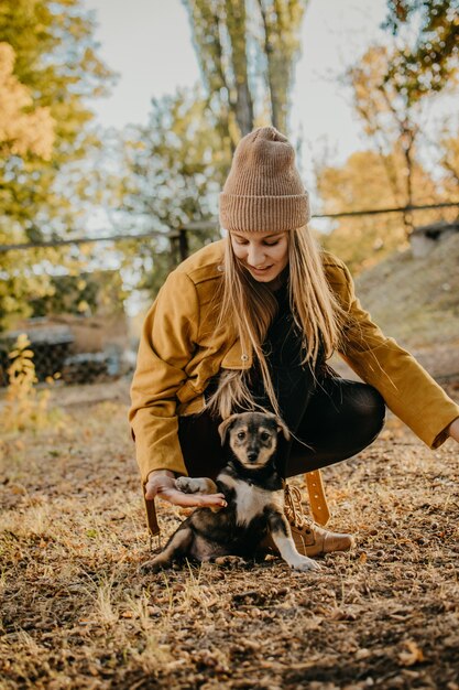 Une femme bénévole d'amour pour animaux de compagnie joue avec des chiots sans-abri dans le parc d'automne d'authentiques moments de joie