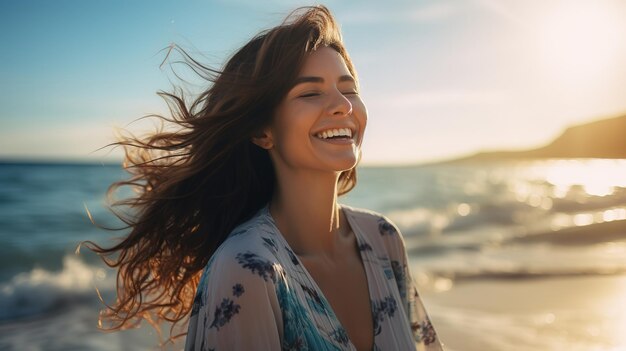 Une femme bénie en vacances à la plage souriant largement de joie et de gratitude incarnant le bonheur