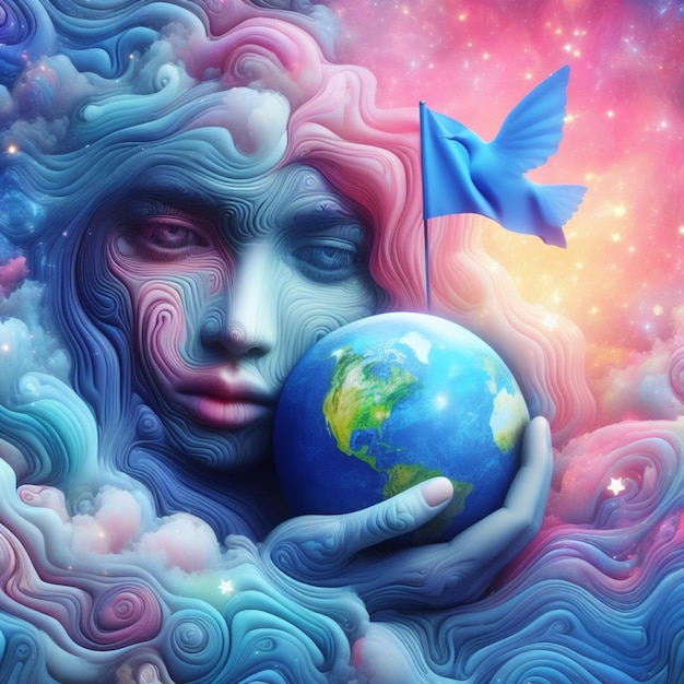 femme berceau terre planète envoyant un message de paix avec illustration de symbole