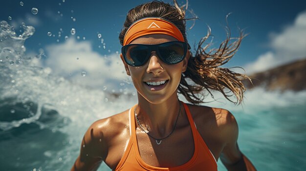 Photo femme en bikini et lunettes de soleil avec des cheveux orange dans la piscine