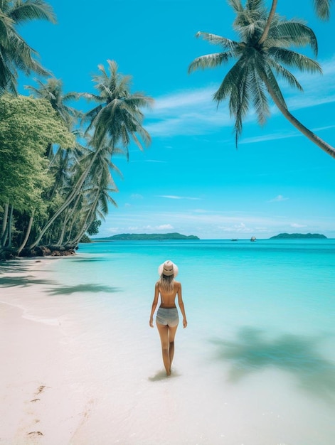 une femme en bikini se promène sur une plage avec des palmiers en arrière-plan