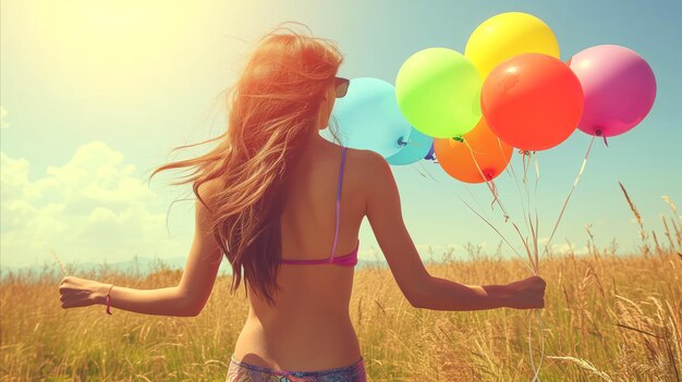 Une femme en bikini tenant des ballons