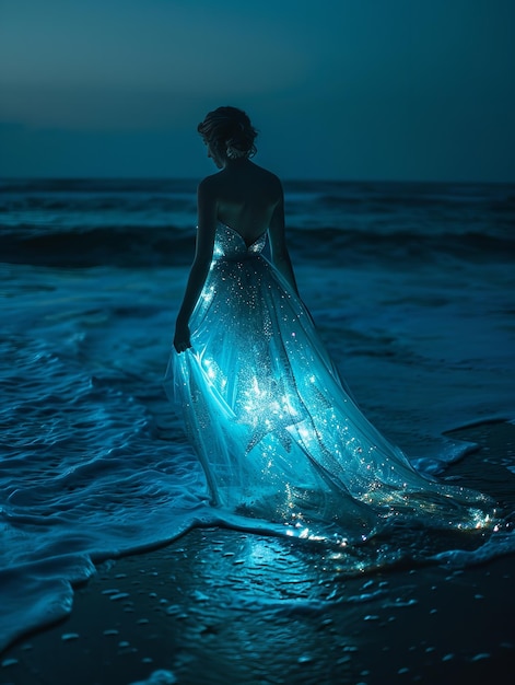 Photo une femme bioluminescente dans une robe étincelante sur un rivage nocturne ia générative