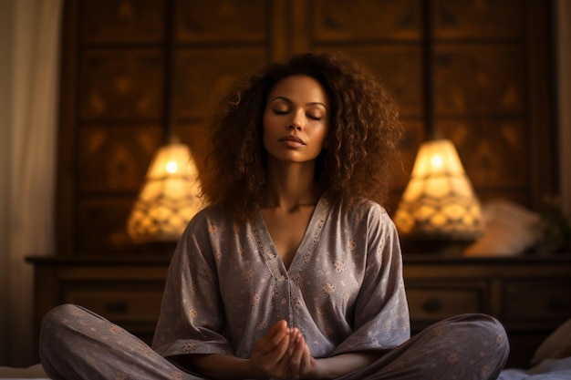 Une femme biraciale concentrée pratiquant la méditation yoga dans sa chambre.