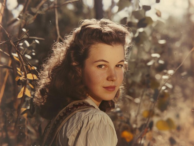 Femme blanche adolescente photoréaliste avec illustration vintage de cheveux bouclés bruns