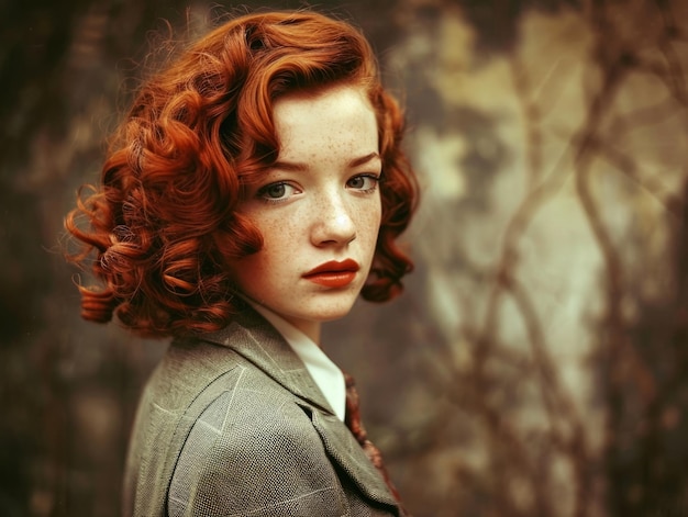 Femme blanche adolescente photoréaliste avec illustration vintage de cheveux bouclés rouges