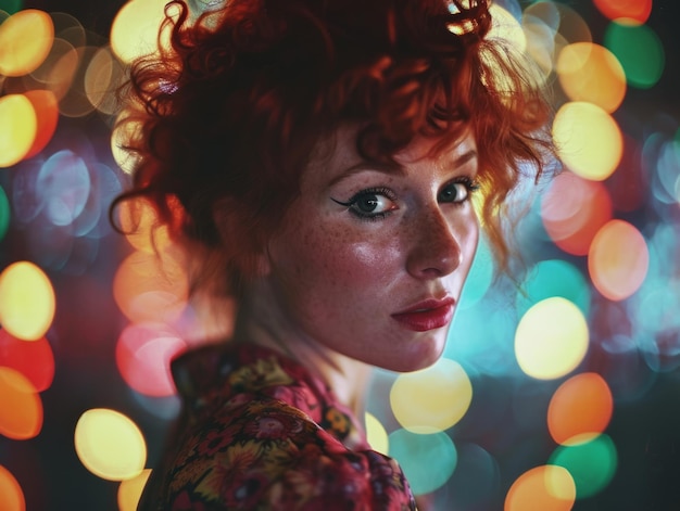 Femme blanche adulte photoréaliste avec illustration vintage de cheveux bouclés rouges