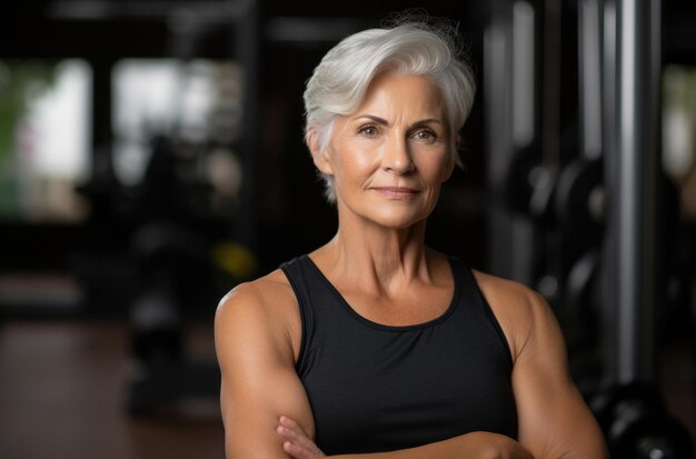 Une femme blanche d'âge moyen qui s'entraîne au gymnase en regardant la caméra.