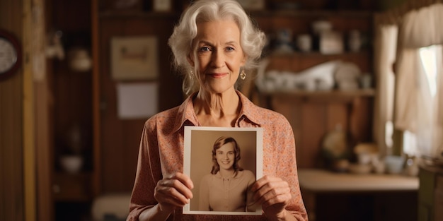 Une femme blanche âgée brandit une photo vintage d'elle-même lorsqu'elle était plus jeune, se remémorant des souvenirs précieux et le passage du temps AI Generative AI
