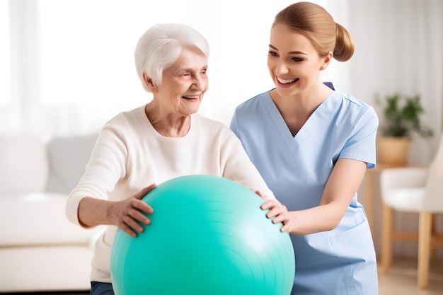 Une femme blanche âgée faisant de l'exercice avec son physiothérapeute et sa balle suisse.