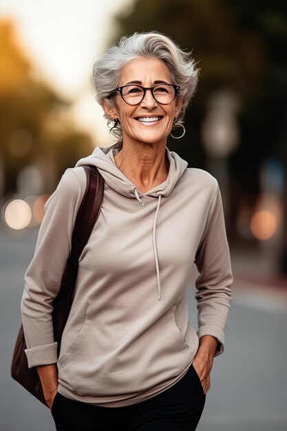 Une femme blanche âgée avec des lunettes qui marche dans la rue.