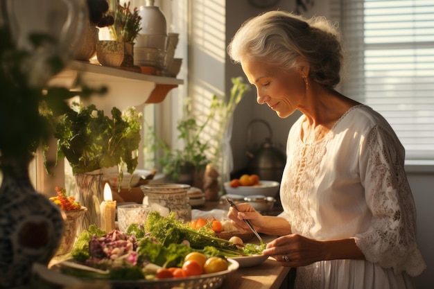 Photo une femme blanche âgée positive prépare une salade avec de la verdure et des légumes frais à la table de la cuisine une femme heureuse, propriétaire d'une maison, gourou de la nourriture prépare des ingrédients pour le dîner familial un concept de nourriture saine