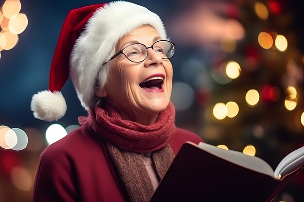 Une femme blanche âgée en tant que chanteuse de chants de Noël chantant des chants traditionnels