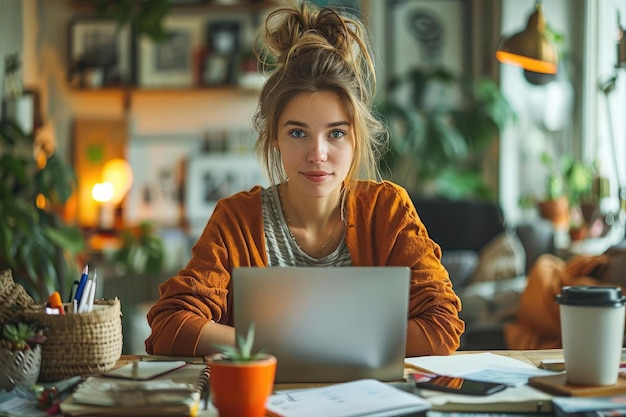 Une femme blanche assise à son bureau dans son bureau avec un ordinateur portable ses yeux sont focalisés expression sérieuse