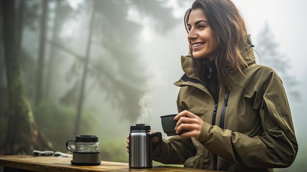 Une femme blanche joyeuse apprécie une tasse du matin près de sa tente seule avec la nature.