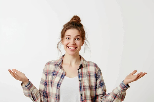 Une femme blanche joyeuse en tenue décontractée