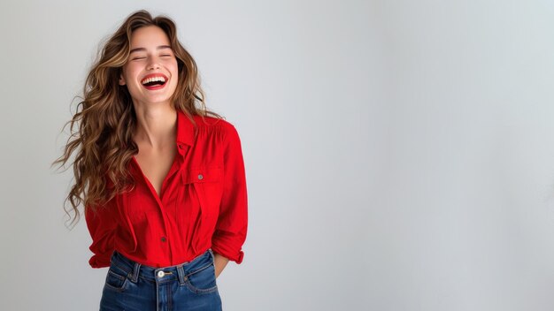 Une femme blanche portant une chemise rouge souriante riant à haute voix isolée sur le gris