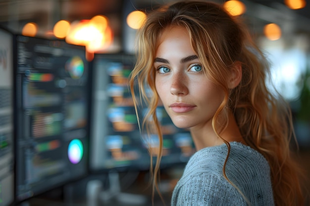 Une femme blanche programmant avec deux moniteurs au bureau.