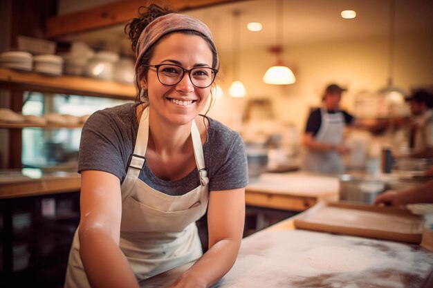 Une femme blanche souriante qui pétrit du pain dans une boulangerie.