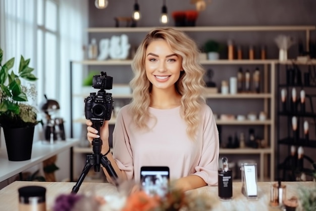 Femme blogueuse souriante créant une vidéo pour son public IA générative