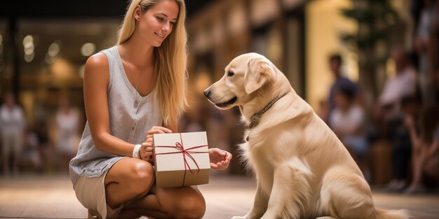 Photo une femme blonde assise sur le sol avec un chien et un cadeau génératif ai