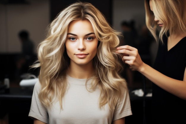 Femme blonde au salon de beauté se faisant couper les cheveux