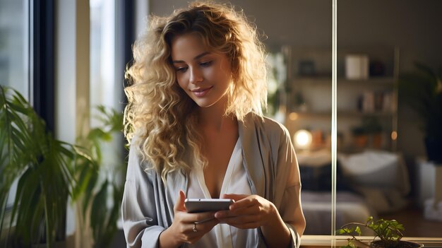 une femme blonde aux cheveux bouclés regardant son téléphone portable IA générative