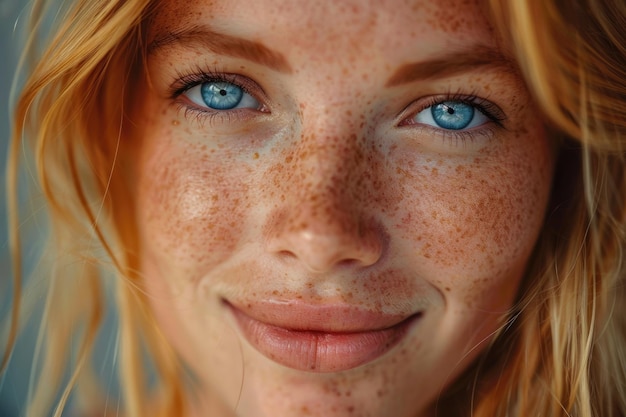 Une femme blonde aux yeux bleus, à la peau parfaite, souriante.