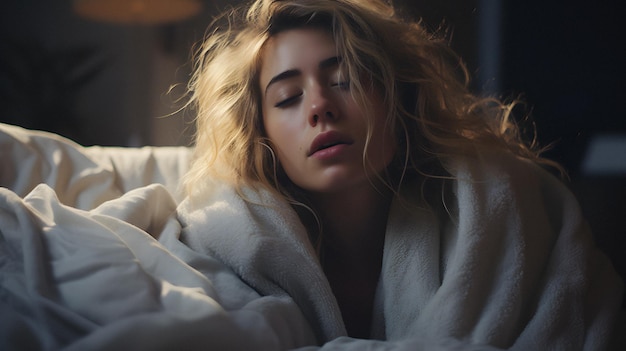 Une femme blonde aux yeux fermés allongée dans un lit avec une couverture blanche.