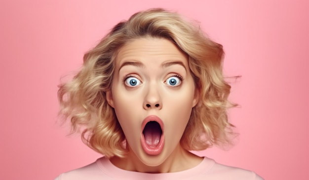 Une femme blonde choquée et impressionnée avec la bouche grande ouverte en réaction de surprise.