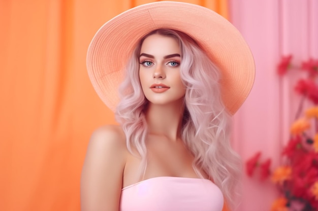 Une femme blonde dans un chapeau rose avec des cheveux roses se tient devant un fond orange vif.