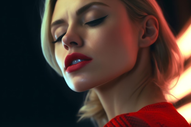 Femme blonde en gros plan de lèvres rouges Créé avec la technologie IA générative
