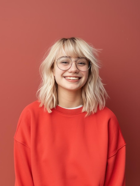 une femme blonde heureuse en sweat-shirt