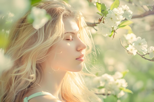 Une femme blonde inhale paisiblement en appréciant la brise de printemps fraîche qui l'entoure Concept Serenité inspirée de la nature