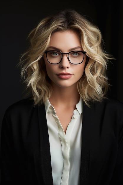 femme blonde avec des lunettes et une veste noire