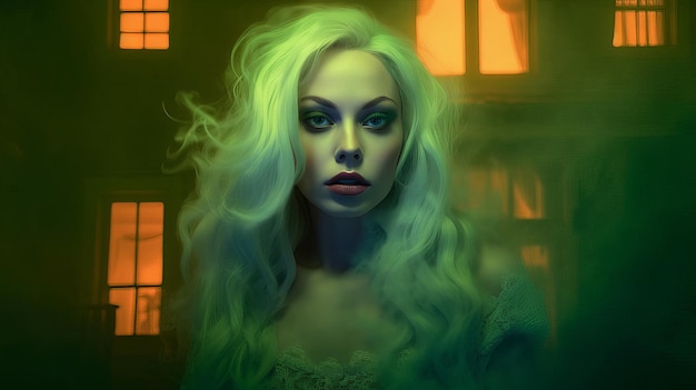 Femme blonde la nuit dans le contexte d'une maison effrayante