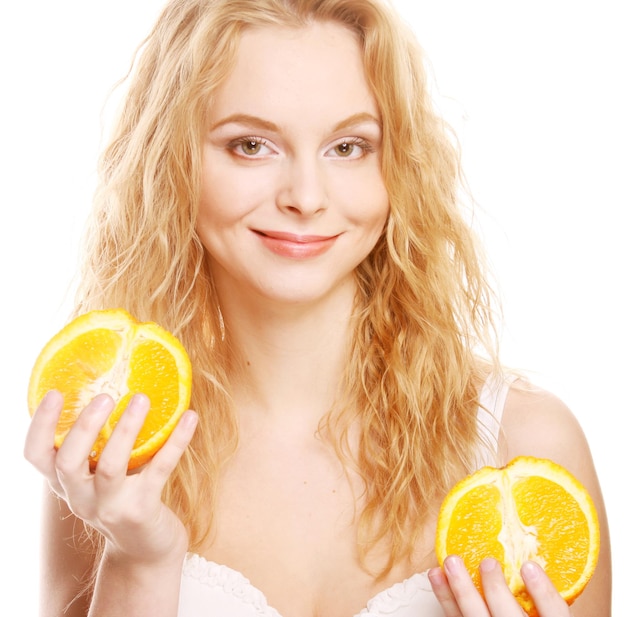 Femme blonde avec des oranges dans ses mains