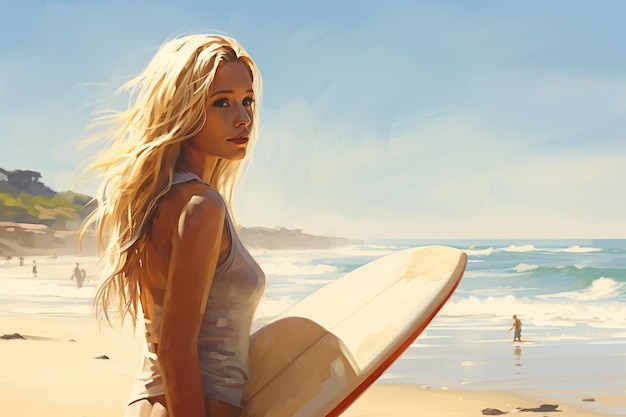 Une femme blonde avec une planche de surf sur la plage