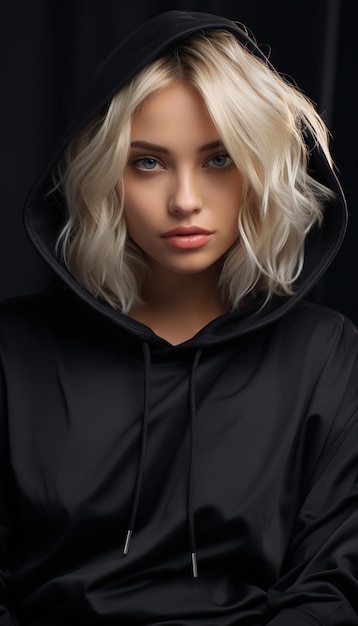 Une femme blonde portant un capuchon futuriste minimaliste noir dans le style d'une photo de magazine