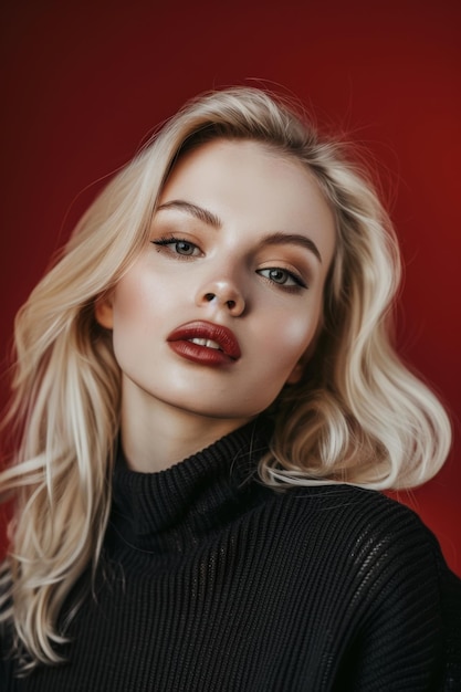 Une femme blonde portant du rouge à lèvres IA générative