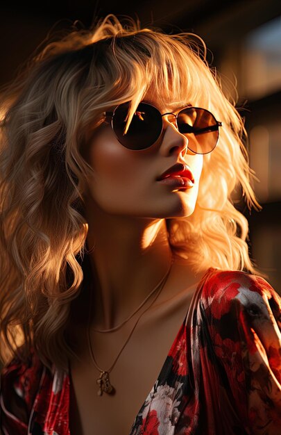 Photo une femme blonde portant des lunettes de soleil et une robe rouge et noire avec un haut rouge et noir