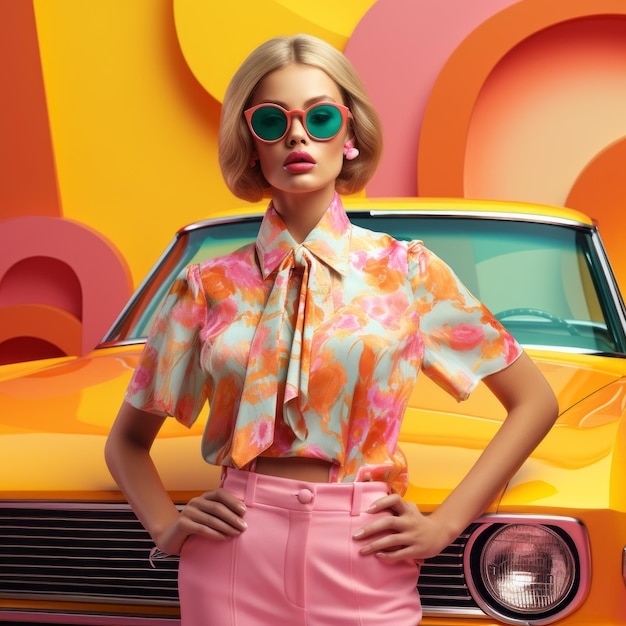 Photo une femme blonde pose près d'une voiture vintage.