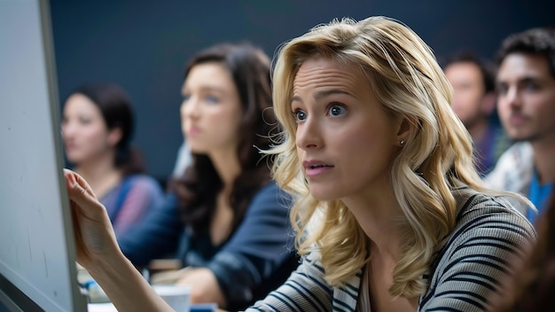 Photo une femme blonde qui fait attention en classe.