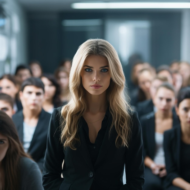 Femme blonde en robe noire prononçant un discours public